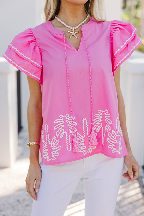 Palm Paradise Pink Embroidered Flutter Sleeve Top