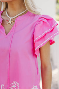 Palm Paradise Pink Embroidered Flutter Sleeve Top