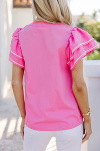Palm Paradise Pink Embroidered Flutter Sleeve Top