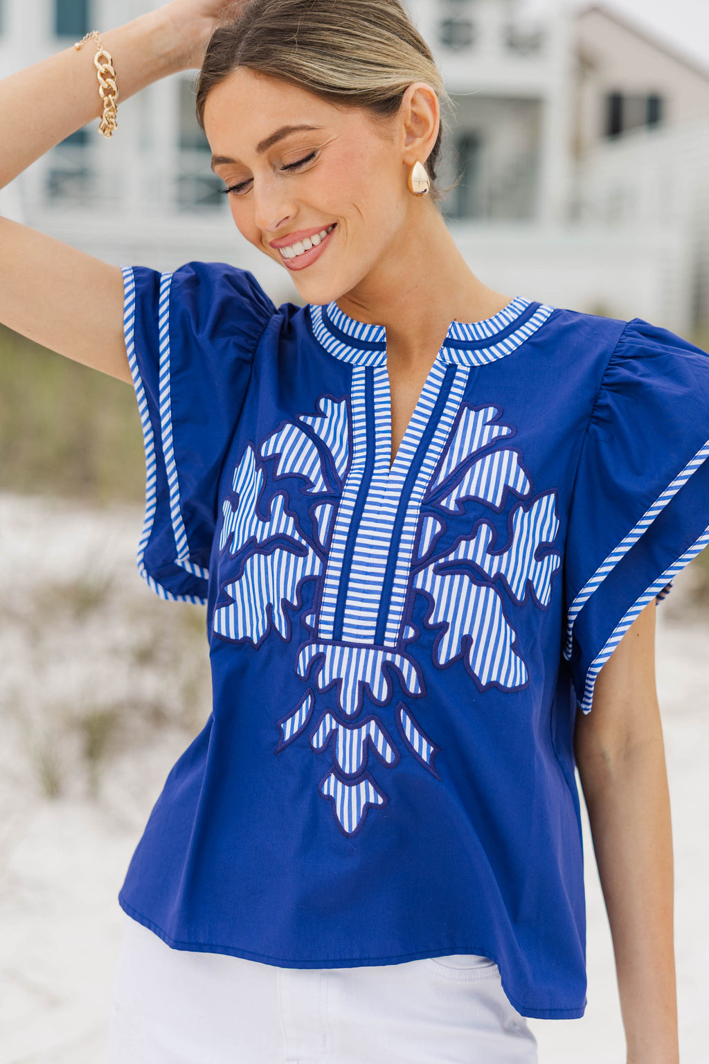 Harbor Breeze Navy Blue Embroidered Top – Shop the Mint