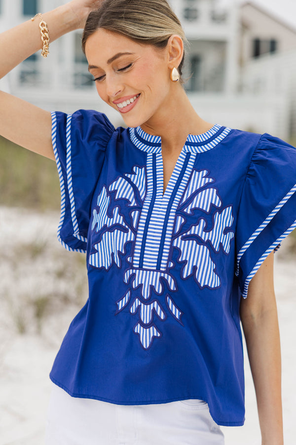Harbor Breeze Navy Blue Embroidered Top