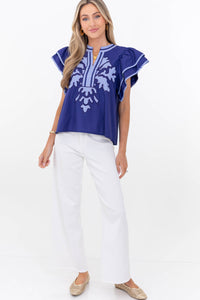 Harbor Breeze Navy Blue Embroidered Top