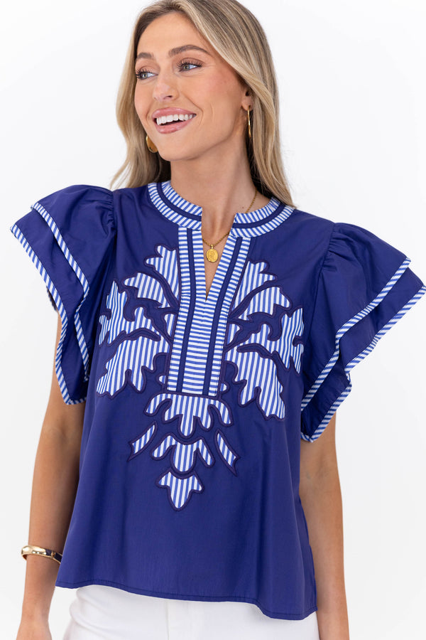 Harbor Breeze Navy Blue Embroidered Top