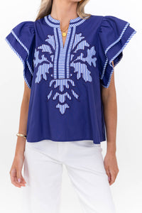 Harbor Breeze Navy Blue Embroidered Top