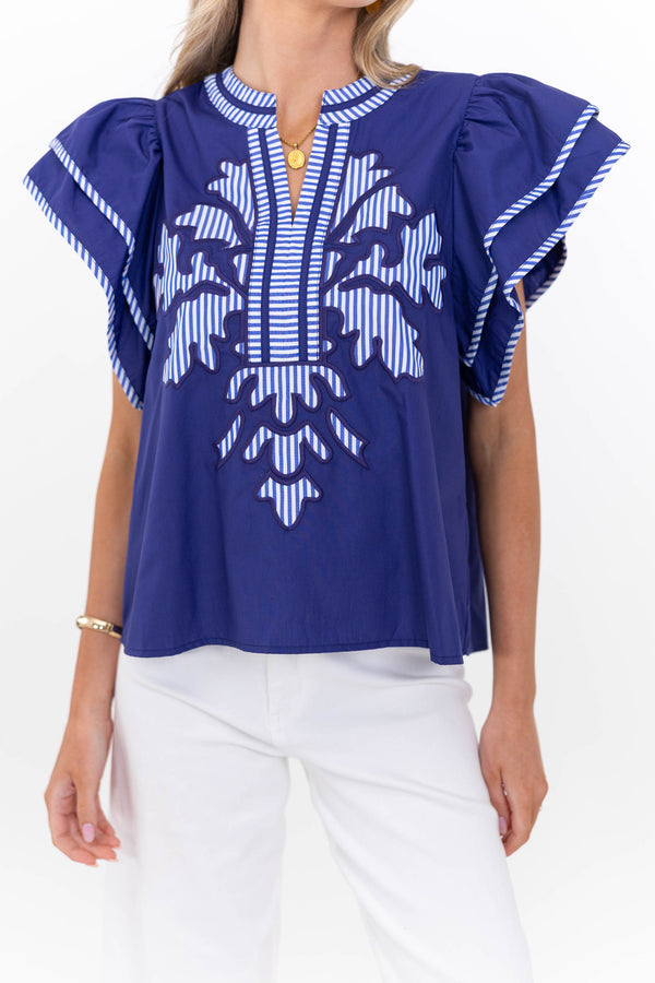 Harbor Breeze Navy Blue Embroidered Top