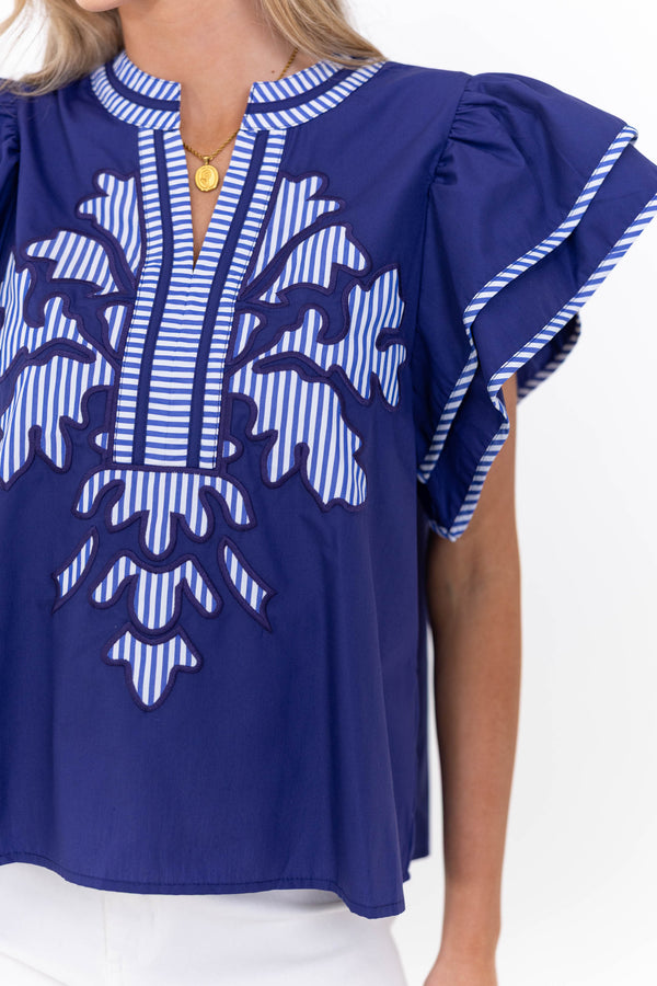 Harbor Breeze Navy Blue Embroidered Top
