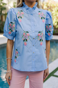 Perfectly Pretty Light Blue Embroidered Medallion Floral Blouse