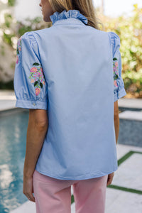 Perfectly Pretty Light Blue Embroidered Medallion Floral Blouse