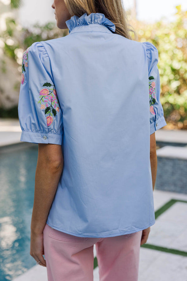 Perfectly Pretty Light Blue Embroidered Medallion Floral Blouse