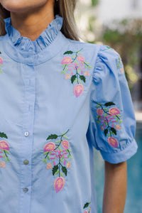 Perfectly Pretty Light Blue Embroidered Medallion Floral Blouse
