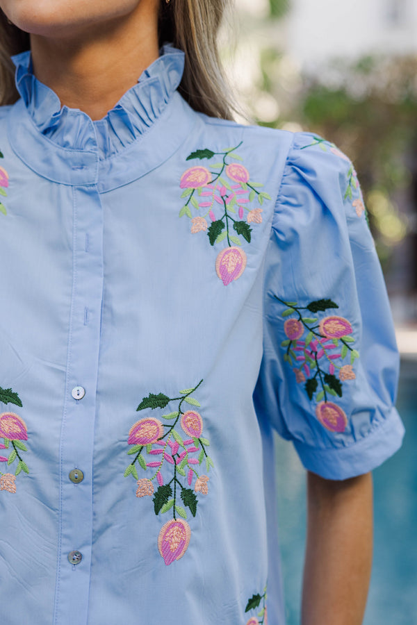 Perfectly Pretty Light Blue Embroidered Medallion Floral Blouse