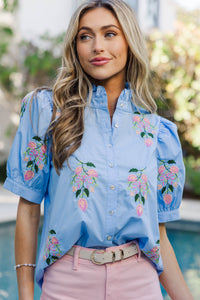 Perfectly Pretty Light Blue Embroidered Medallion Floral Blouse