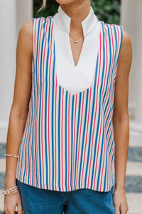 Fresh Start Slate Blue Striped Blouse