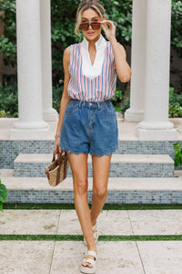 Fresh Start Slate Blue Striped Blouse