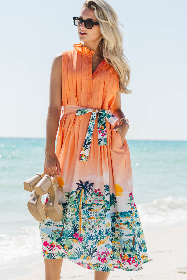 strapless open back dress Tell Me More Orange Retro Floral Midi Dress – Shop the Mint main image 0