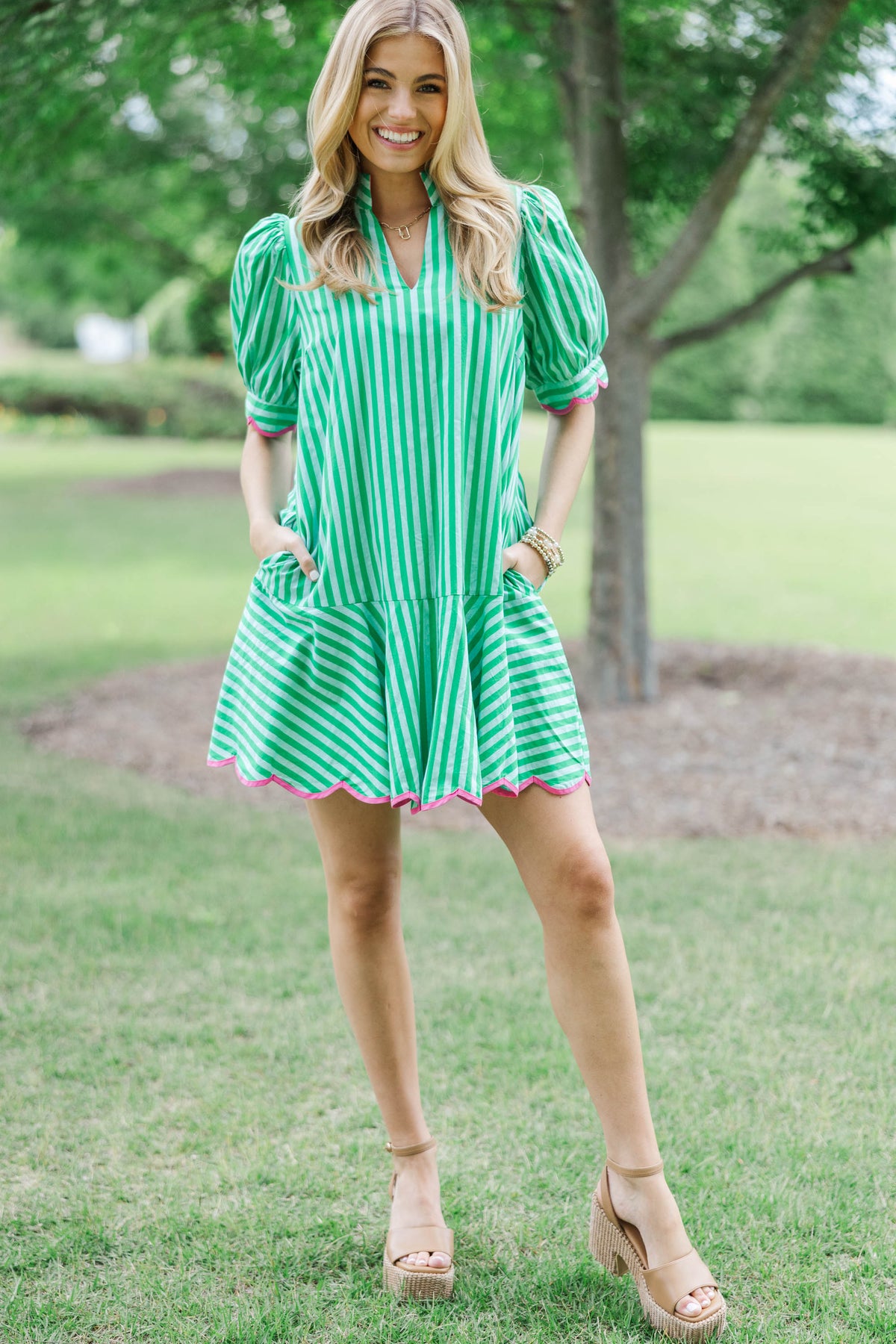 green and white striped summer dress Women's Polished Play Green Stripe Cotton Sleeveless Maxi Dress | Size: S main image 1