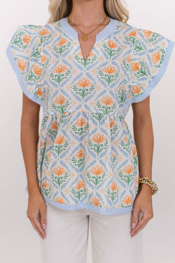 This One's Easy Light Blue Medallion Blouse