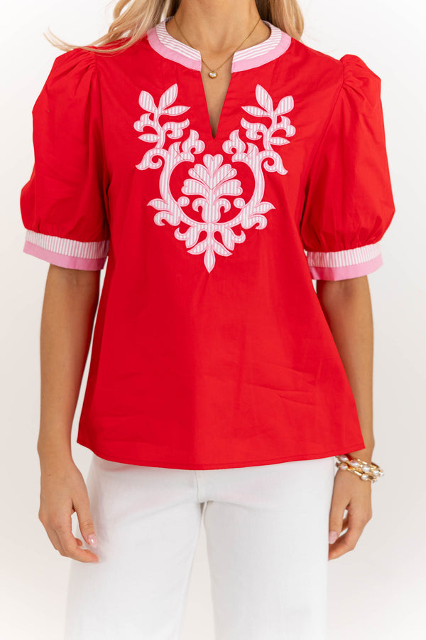 Sweet Details Red Embroidered Blouse