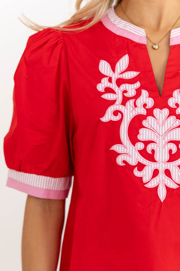 Sweet Details Red Embroidered Blouse