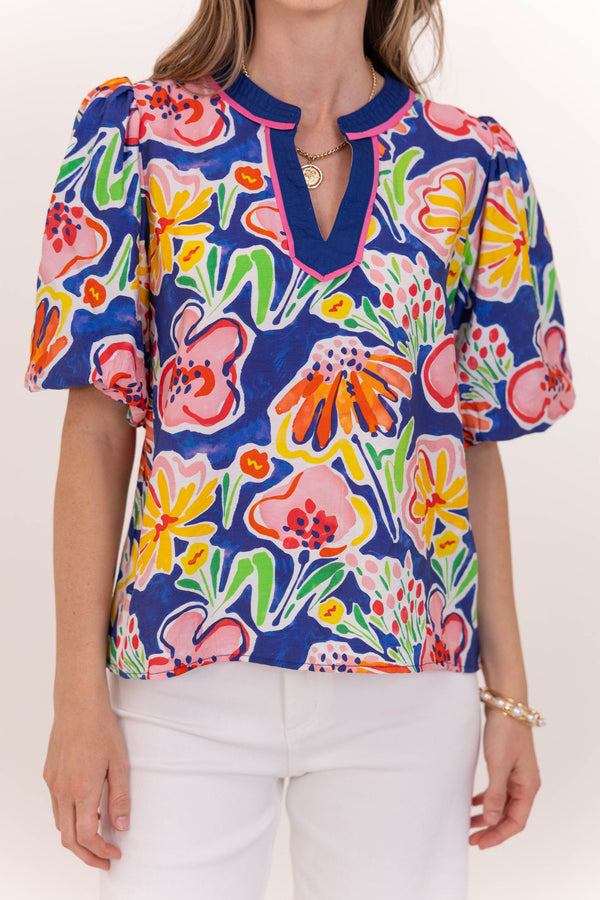 Cute Everyday Royal Blue Large Floral Blouse