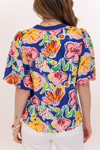Cute Everyday Royal Blue Large Floral Blouse