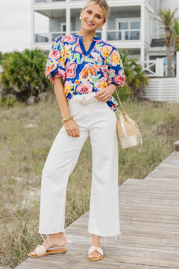Cute Everyday Royal Blue Large Floral Blouse