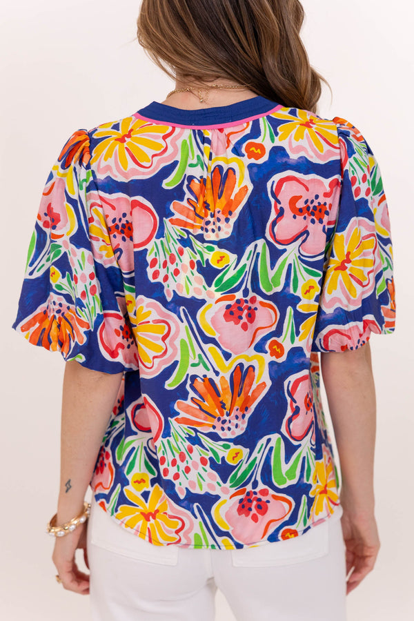 Cute Everyday Royal Blue Large Floral Blouse