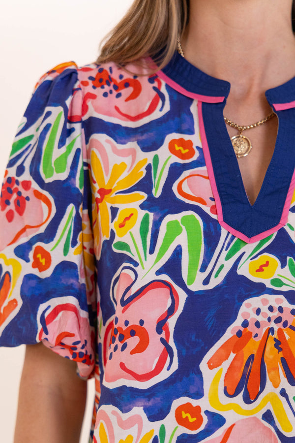 Cute Everyday Royal Blue Large Floral Blouse