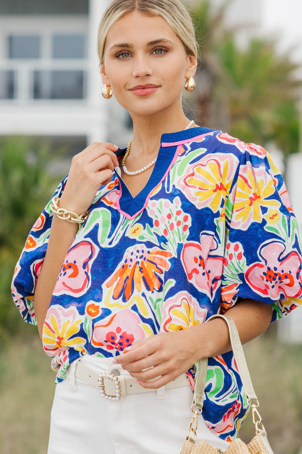 Cute Everyday Royal Blue Large Floral Blouse