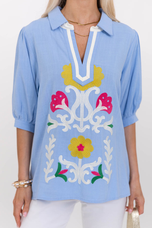 Hoping You’d Notice Blue Embroidered Blouse