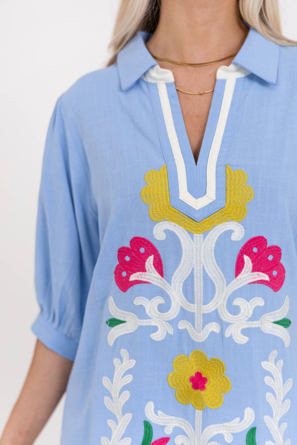 Hoping You’d Notice Blue Embroidered Blouse