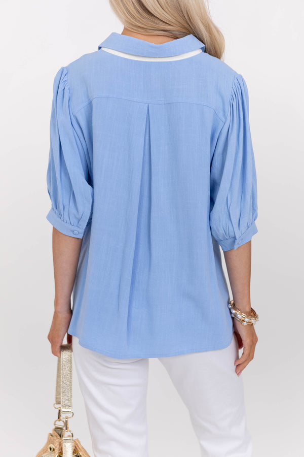 Hoping You’d Notice Blue Embroidered Blouse