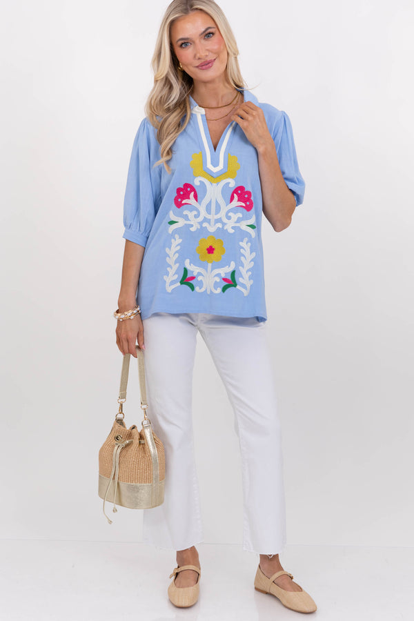 Hoping You’d Notice Blue Embroidered Blouse