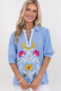Hoping You’d Notice Blue Embroidered Blouse