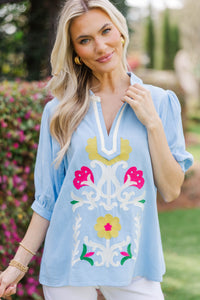 Hoping You’d Notice Blue Embroidered Blouse