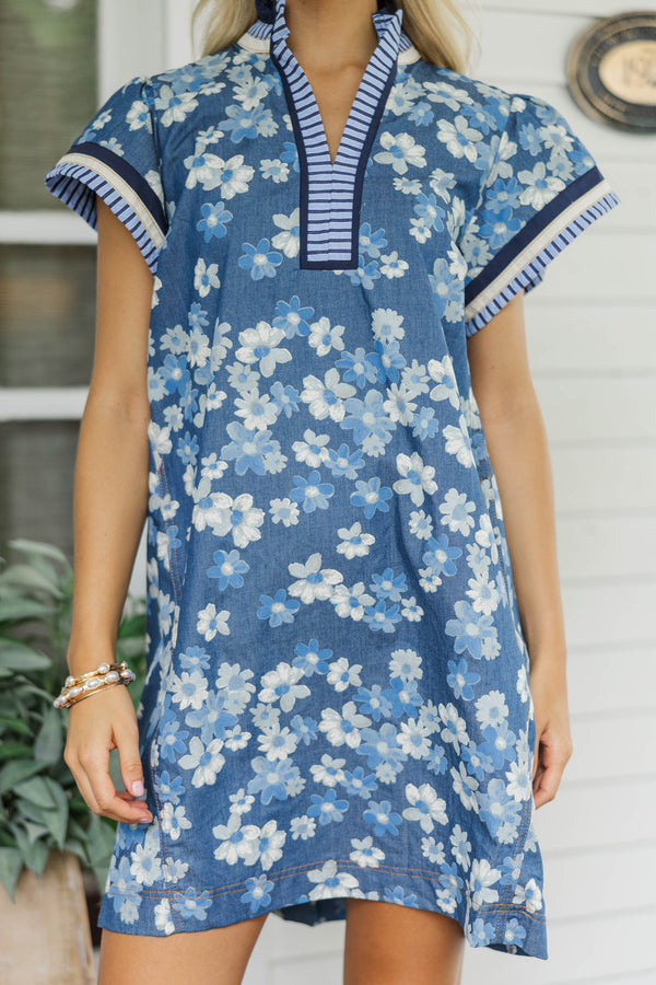 Casual But Thoughtful Blue Mixed Print Dress
