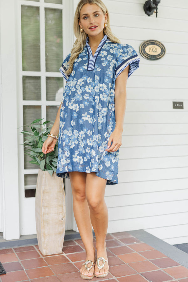 Casual But Thoughtful Blue Mixed Print Dress