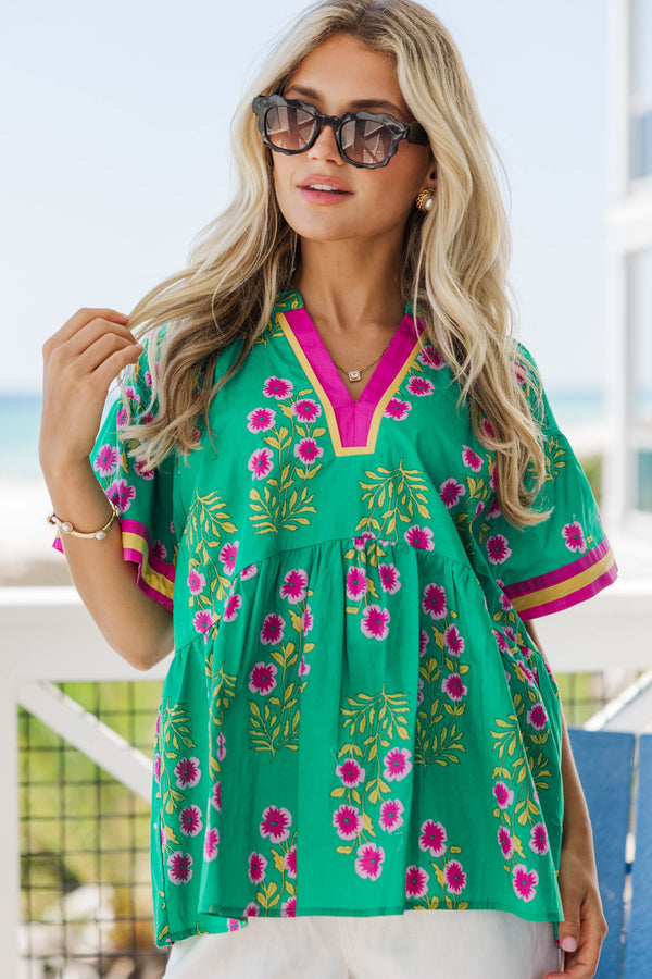 Happiest Here Green Floral Blouse