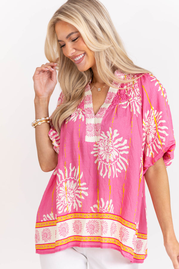 Loving Every Minute Pink Medallion Blouse