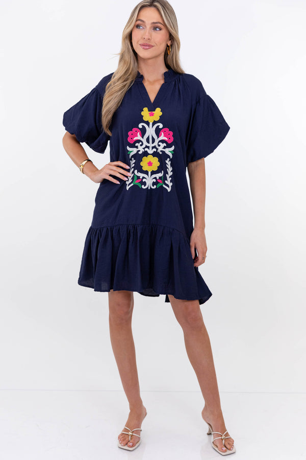 Feels Like A Dream Navy Embroidered Babydoll Dress