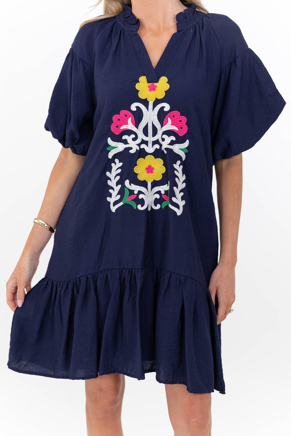 Feels Like A Dream Navy Embroidered Babydoll Dress