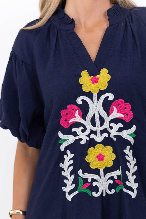 Feels Like A Dream Navy Embroidered Babydoll Dress