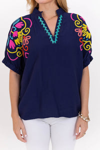 Feels Thoughtful Navy Embroidered Blouse