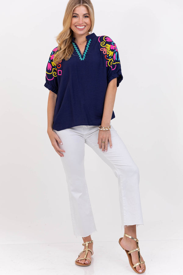 Feels Thoughtful Navy Embroidered Blouse