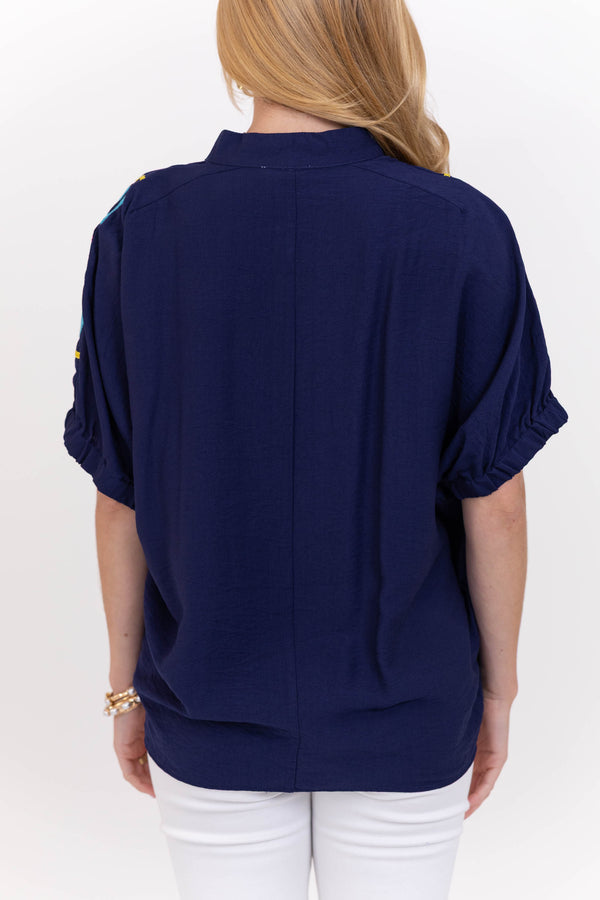 Feels Thoughtful Navy Embroidered Blouse