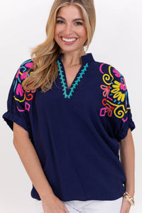 Feels Thoughtful Navy Embroidered Blouse