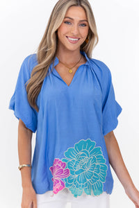 Choose Happy Blue Embroidered Blouse