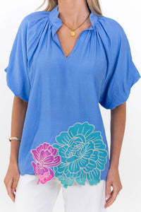 Choose Happy Blue Embroidered Blouse