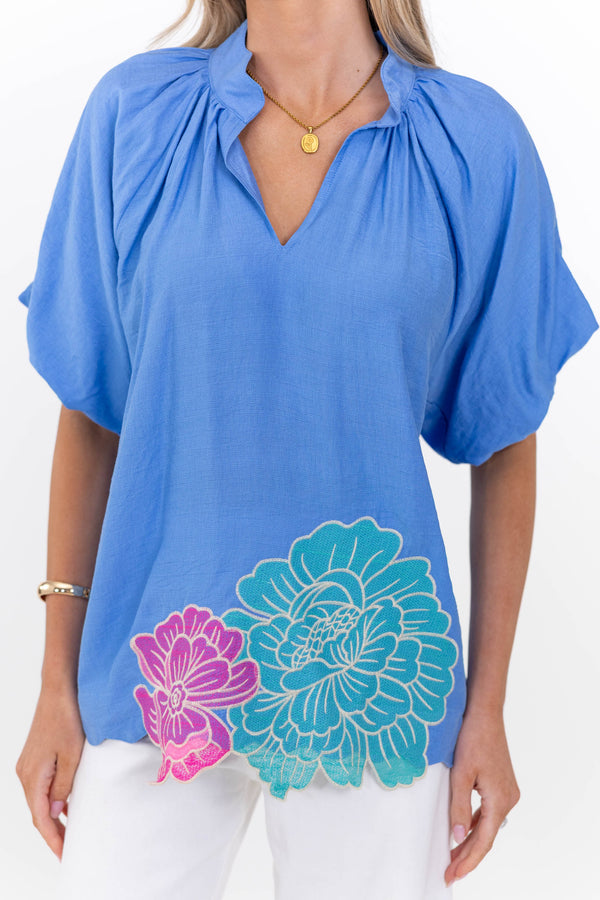 Choose Happy Blue Embroidered Blouse