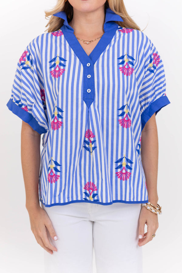 Sprinkled With Sunshine Blue Embroidered Blouse